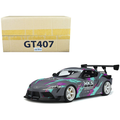 2019 Toyota GR Supra "HKS" Gray with Graphics 1/18 Model Car by GT Spirit