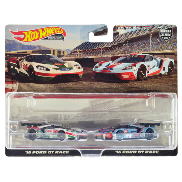 2016 Ford GT Race #67 White with Green and Red Stripes and 2016 Ford GT Race #69 Light Blue Metallic with Orange Stripes "Car Culture" Set of 2 Cars Diecast Model Cars by Hot Wheels