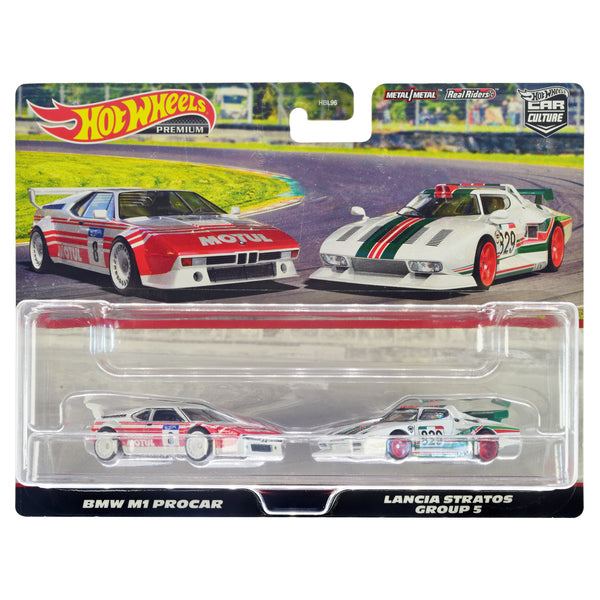 BMW M1 Procar #8 White with Red Stripes and Lancia Stratos Group 5 #829 White with Stripes "Car Culture" Set of 2 Cars Diecast Model Cars by Hot Wheels