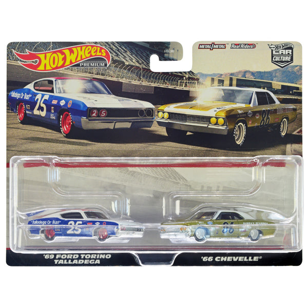 1969 Ford Torino Talladega #25 White and Blue with Red Top and 1966 Chevrolet Chevelle #86 Gold with White Top "Car Culture" Set of 2 Cars Diecast Model Cars by Hot Wheels