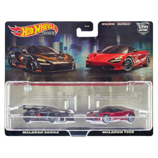 McLaren Senna Dark Gray Metallic with Orange Stripes and McLaren 720S Red Metallic with Black Top "Car Culture" Set of 2 Cars Diecast Model Cars by Hot Wheels