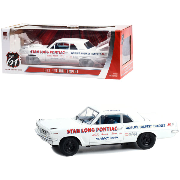 1963 Pontiac Tempest White with Blue Interior "Stan Long Pontiac Detroit Michigan - World's Fastest Tempest" Driven by Stan Antlocer 1/18 Diecast Model Car by Highway 61