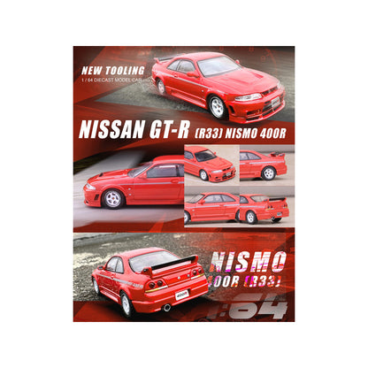 Nissan Skyline GT-R (R33) Nismo 400R RHD (Right Hand Drive) Super Clear Red II with Silver Stripes 1/64 Diecast Model Car by Inno Models