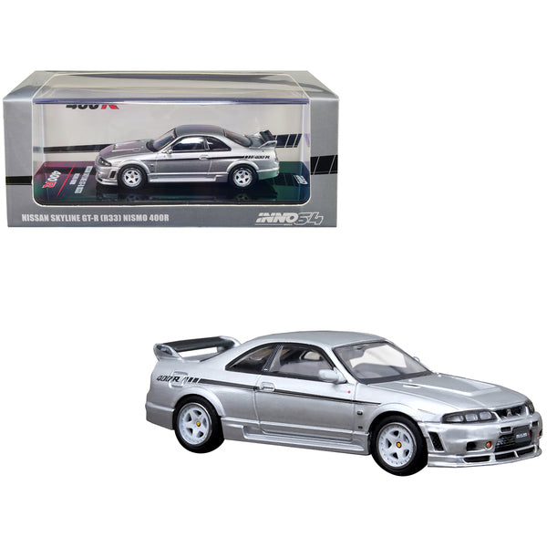 Nissan Skyline GT-R (R33) Nismo 400R RHD (Right Hand Drive) Sonic Silver Metallic with Black Stripes 1/64 Diecast Model Car by Inno Models