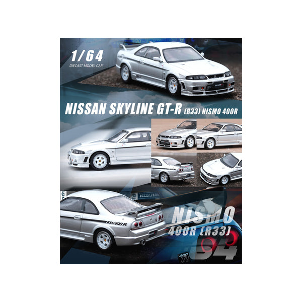 Nissan Skyline GT-R (R33) Nismo 400R RHD (Right Hand Drive) Sonic Silver Metallic with Black Stripes 1/64 Diecast Model Car by Inno Models