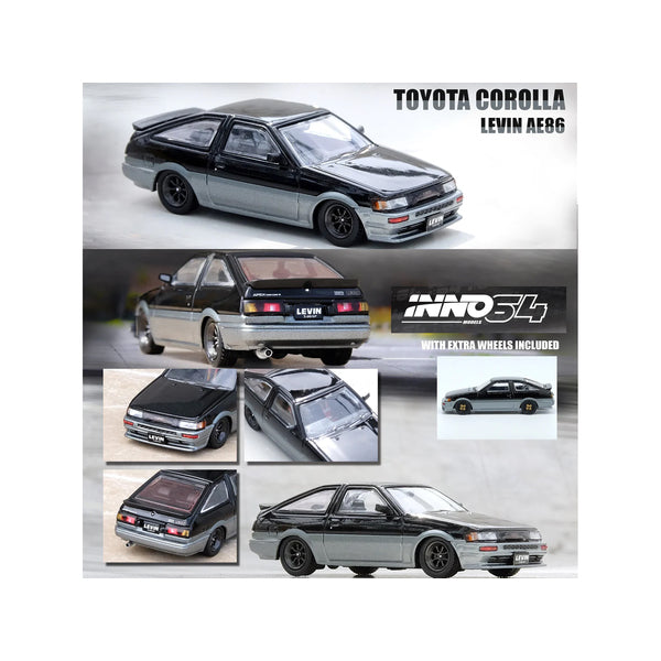 Toyota Corolla AE86 Levin RHD (Right Hand Drive) Black and Gray Metallic 1/64 Diecast Model Car by Inno Models