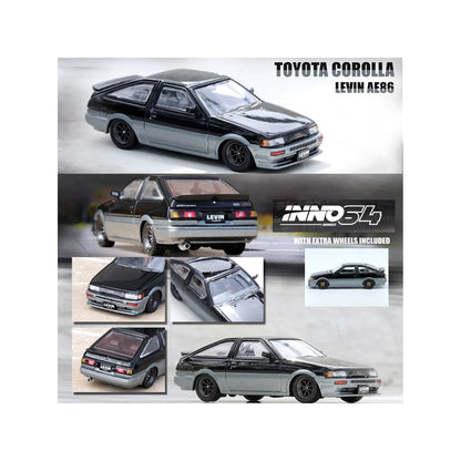 Toyota Corolla AE86 Levin RHD (Right Hand Drive) Black and Gray Metallic 1/64 Diecast Model Car by Inno Models