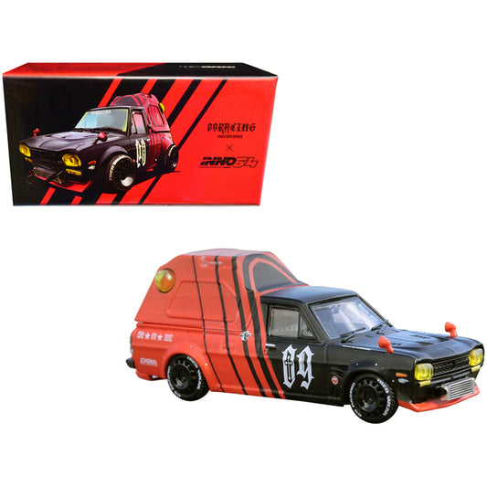 Nissan Sunny "Hakotora" Pickup Truck RHD (Right Hand Drive) #09 with Camper Shell Red and Black "09 Racing #Decepcionez" with Keychain Gift 1/64 Diecast Model Car by Inno Models