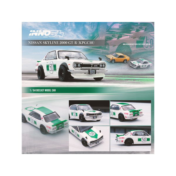 Nissan Skyline 2000 GT-R (KPGC10) #50 RHD (Right Hand Drive) White with Green Stripes "Malaysia Diecast Expo Event Edition" (2023) 1/64 Diecast Model Car by Inno Models