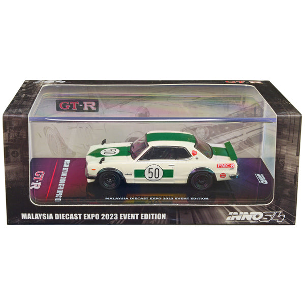 Nissan Skyline 2000 GT-R (KPGC10) #50 RHD (Right Hand Drive) White with Green Stripes "Malaysia Diecast Expo Event Edition" (2023) 1/64 Diecast Model Car by Inno Models