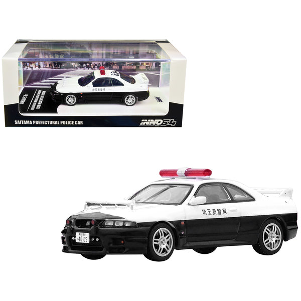 Nissan Skyline GT-R (R33) RHD (Right Hand Drive) Black and White "Saitama Prefectural" Police Car 1/64 Diecast Model Car by Inno Models