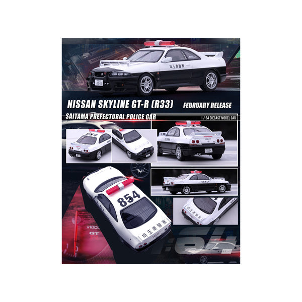 Nissan Skyline GT-R (R33) RHD (Right Hand Drive) Black and White "Saitama Prefectural" Police Car 1/64 Diecast Model Car by Inno Models