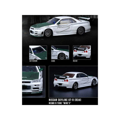 Nissan Skyline GT-R (R34) Nismo R-Tune RHD (Right Hand Drive) White with Green Carbon Hood "Tuned by Mine's" 1/64 Diecast Model Car by Inno Models