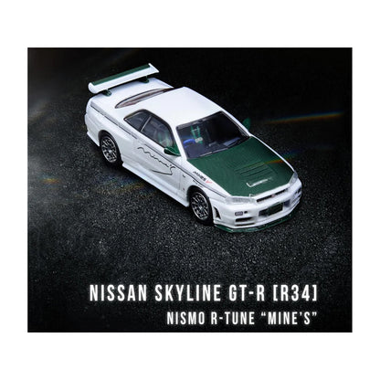 Nissan Skyline GT-R (R34) Nismo R-Tune RHD (Right Hand Drive) White with Green Carbon Hood "Tuned by Mine's" 1/64 Diecast Model Car by Inno Models