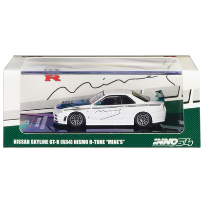 Nissan Skyline GT-R (R34) Nismo R-Tune RHD (Right Hand Drive) White with Green Carbon Hood "Tuned by Mine's" 1/64 Diecast Model Car by Inno Models