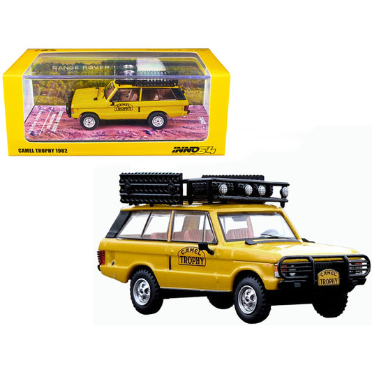 Land Rover Range Rover Classic "Camel Trophy 1982" Yellow with Roof Rack Tool Box and 4 Oil Container Accessories 1/64 Diecast Model Car by Inno Models