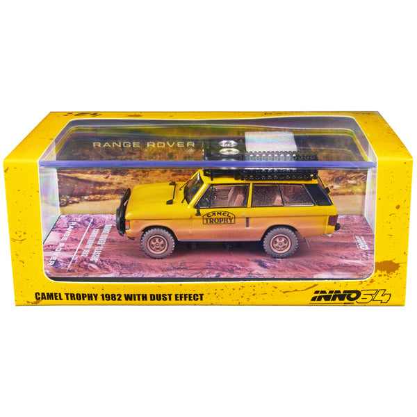 Land Rover Range Rover Classic "Camel Trophy 1982" Yellow (Dust Effect) with Roof Rack Tool Box and 4 Oil Container Accessories 1/64 Diecast Model Car by Inno Models