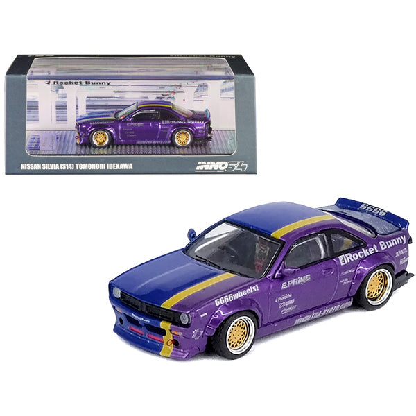 Nissan Silvia (S14) RHD (Right Hand Drive) Blue and Purple Metallic with Yellow Stripe "Tomonori Idekawa's Rocket Bunny Boss" 1/64 Diecast Model Car by Inno Models