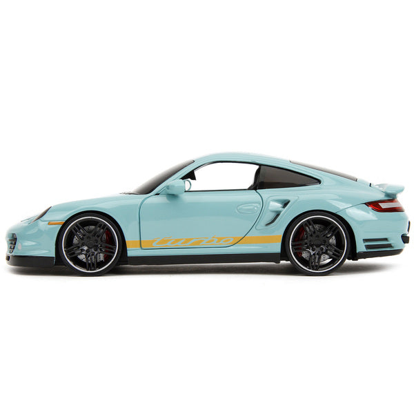 Porsche 911 Turbo (997) Light Blue with Yellow Stripes "Pink Slips" Series 1/24 Diecast Model Car by Jada