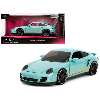 Porsche 911 Turbo (997) Light Blue with Yellow Stripes "Pink Slips" Series 1/24 Diecast Model Car by Jada