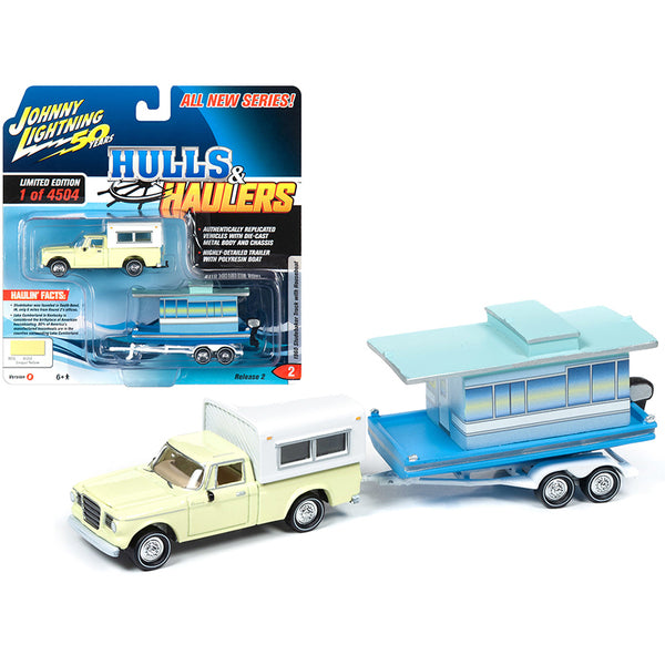 1960 Studebaker Pickup Truck with Camper Shell Jonquil Yellow with Houseboat Limited Edition to 4,504 pieces Worldwide "Hulls & Haulers" Series 2 "Johnny Lightning 50th Anniversary" 1/64 Diecast Model Car by Johnny Lightning