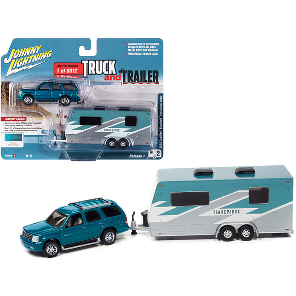 2005 Cadillac Escalade Teal Metallic with Camper Trailer Limited Edition to 6012 pieces Worldwide "Truck and Trailer" Series 1/64 Diecast Model Car by Johnny Lightning