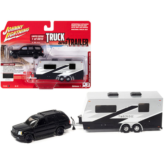 2005 Cadillac Escalade Matt Black with Camper Trailer Limited Edition to 6012 pieces Worldwide "Truck and Trailer" Series 1/64 Diecast Model Car by Johnny Lightning