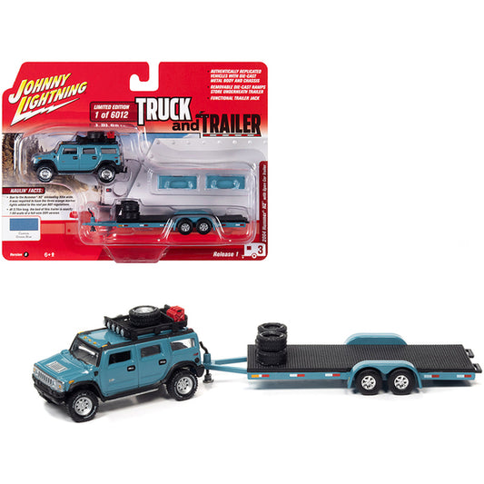 2004 Hummer H2 Ocean Blue with Open Trailer Limited Edition to 6012 pieces Worldwide "Truck and Trailer" Series 1/64 Diecast Model Car by Johnny Lightning