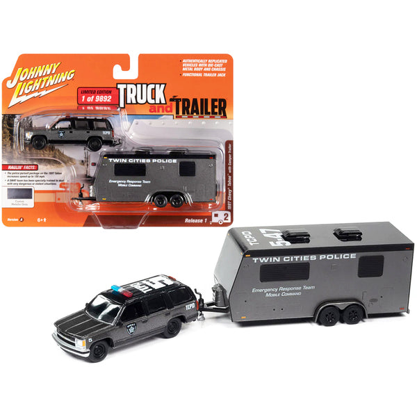 1997 Chevrolet Tahoe "SWAT" Custom Gray Metallic and Black with "Twin Cities Police" Camper Trailer Limited Edition to 9892 pieces Worldwide "Truck and Trailer" Series 1/64 Diecast Model Car by Johnny Lightning