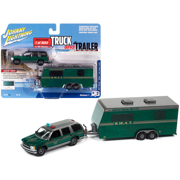 1997 Chevrolet Tahoe "Central County Sheriff" Emerald Green and Gray with "SWAT" Camper Trailer Limited Edition to 9652 pieces Worldwide "Truck and Trailer" Series 1/64 Diecast Model Car by Johnny Lightning