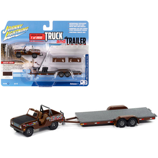 1966 Ford Bronco Dark Brown with Black Hood and Graphics with Open Trailer Limited Edition to 9892 pieces Worldwide "Truck and Trailer" Series 1/64 Diecast Model Car by Johnny Lightning