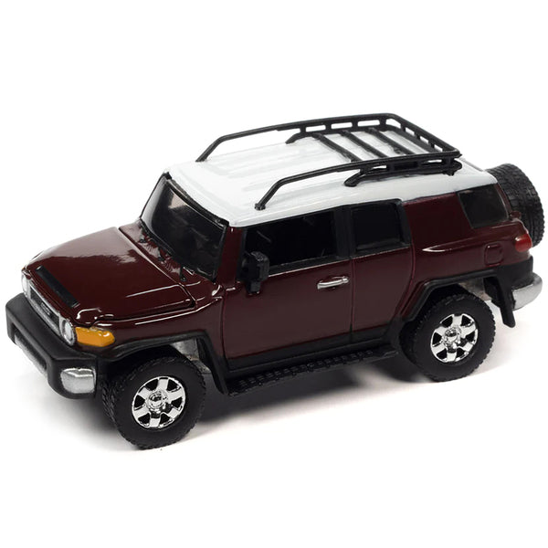 2010 Toyota FJ Cruiser Brick Red with White Top and Roof Rack with Camping Trailer Limited Edition to 7360 pieces Worldwide "Tow & Go" Series 1/64 Diecast Model Car by Johnny Lightning