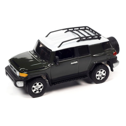 2010 Toyota FJ Cruiser Dark Green with White Top and Roof Rack with Camping Trailer Limited Edition to 7360 pieces Worldwide "Tow & Go" Series 1/64 Diecast Model Car by Johnny Lightning