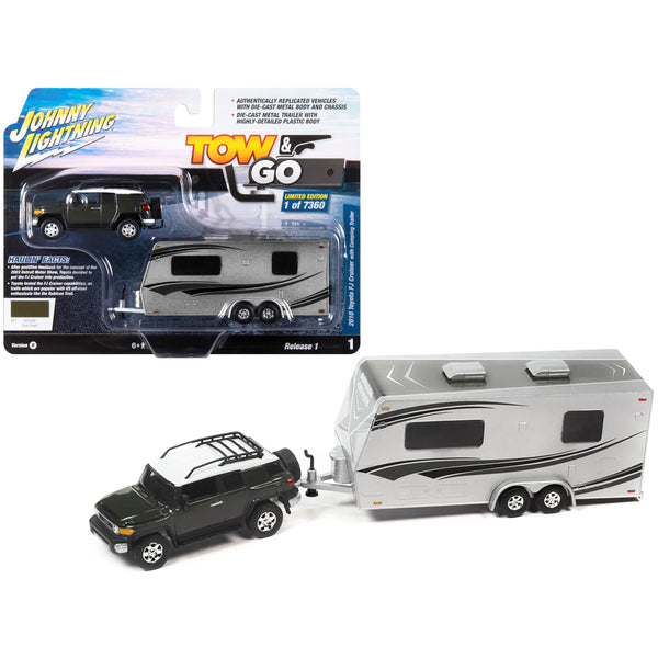 2010 Toyota FJ Cruiser Dark Green with White Top and Roof Rack with Camping Trailer Limited Edition to 7360 pieces Worldwide "Tow & Go" Series 1/64 Diecast Model Car by Johnny Lightning