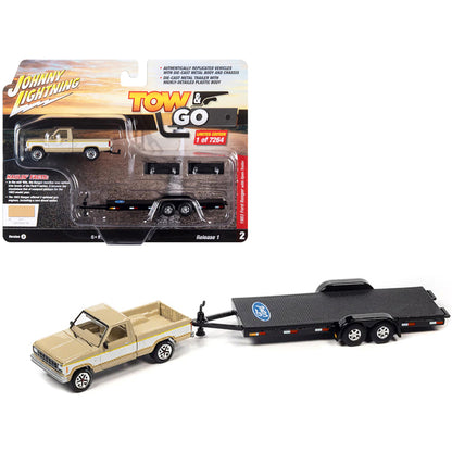 1983 Ford Ranger XLS Pickup Truck Light Desert Tan and White with Open Flatbed Trailer Limited Edition to 7264 pieces Worldwide "Tow & Go" Series 1/64 Diecast Model Car by Johnny Lightning