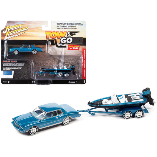 1980 Chevrolet Monte Carlo Bright Blue Metallic with Blue Interior with Bass Boat and Trailer Limited Edition to 7264 pieces Worldwide "Tow & Go" Series 1/64 Diecast Model Car by Johnny Lightning