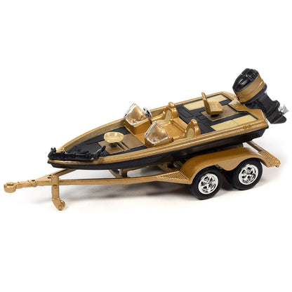 1980 Chevrolet Monte Carlo Light Camel Gold Metallic with Bass Boat and Trailer Limited Edition to 7264 pieces Worldwide "Tow & Go" Series 1/64 Diecast Model Car by Johnny Lightning