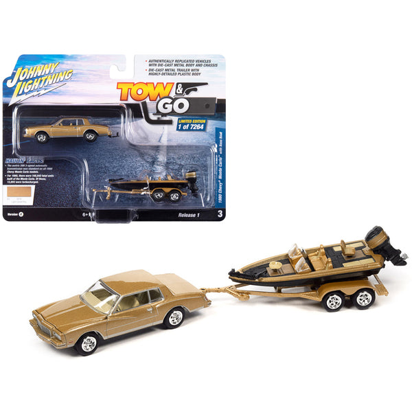 1980 Chevrolet Monte Carlo Light Camel Gold Metallic with Bass Boat and Trailer Limited Edition to 7264 pieces Worldwide "Tow & Go" Series 1/64 Diecast Model Car by Johnny Lightning