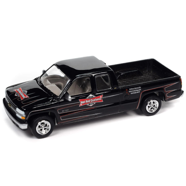 2002 Chevrolet Silverado Pickup Truck Black with Graphics "Hot Rod Customs" and Tow Dolly Red "Tow & Go" Series Limited Edition to 3672 pieces Worldwide 1/64 Diecast Model Car by Johnny Lightning