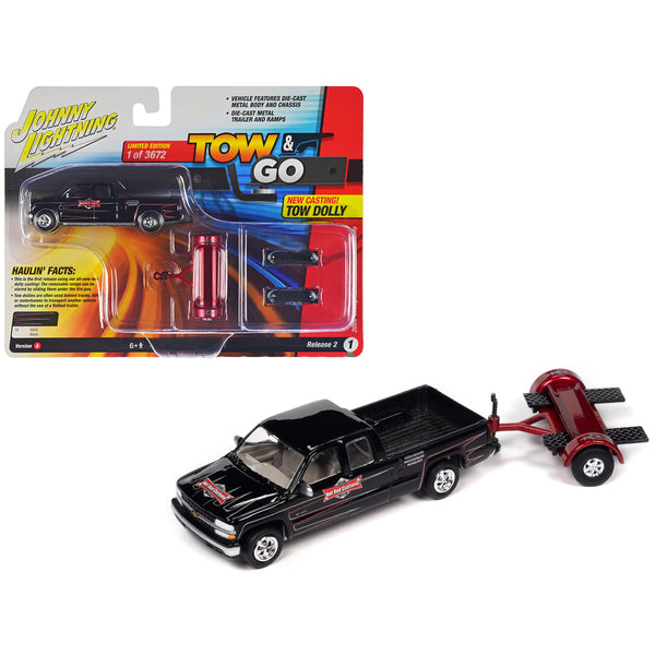 2002 Chevrolet Silverado Pickup Truck Black with Graphics "Hot Rod Customs" and Tow Dolly Red "Tow & Go" Series Limited Edition to 3672 pieces Worldwide 1/64 Diecast Model Car by Johnny Lightning