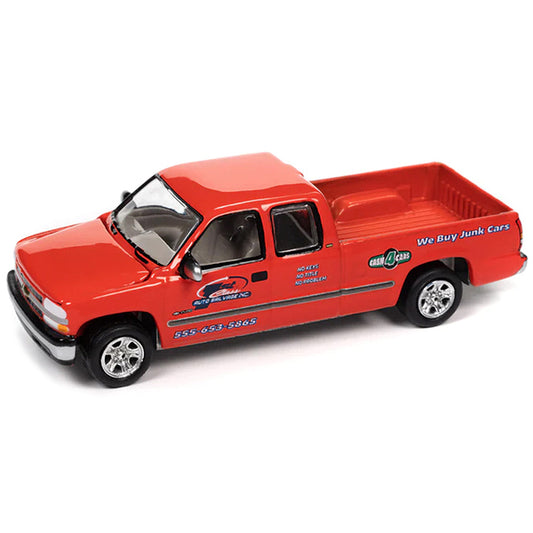 2002 Chevrolet Silverado Pickup Truck Red "Auto Salvage Inc." and Tow Dolly Black "Tow & Go" Series Limited Edition to 3672 pieces Worldwide 1/64 Diecast Model Car by Johnny Lightning