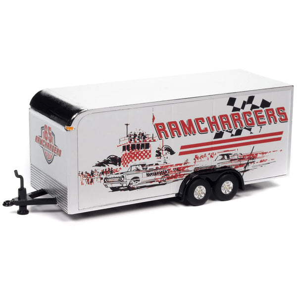 1965 Dodge A-100 Pickup Truck Red and White with Enclosed Car Trailer "Ramchargers" "Tow & Go" Series Limited Edition to 3744 pieces Worldwide 1/64 Diecast Model Car by Johnny Lightning