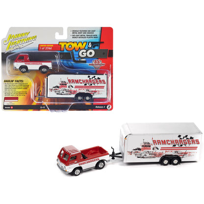 1965 Dodge A-100 Pickup Truck Red and White with Enclosed Car Trailer "Ramchargers" "Tow & Go" Series Limited Edition to 3744 pieces Worldwide 1/64 Diecast Model Car by Johnny Lightning