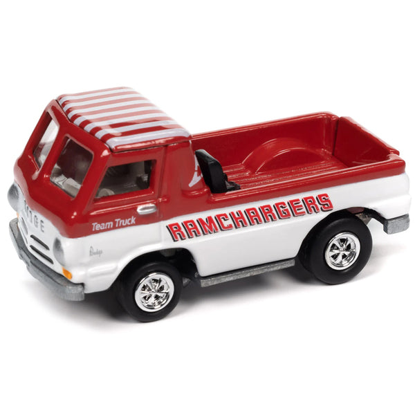 1965 Dodge A-100 Pickup Truck Red and White with Enclosed Car Trailer "Ramchargers" "Tow & Go" Series Limited Edition to 3744 pieces Worldwide 1/64 Diecast Model Car by Johnny Lightning