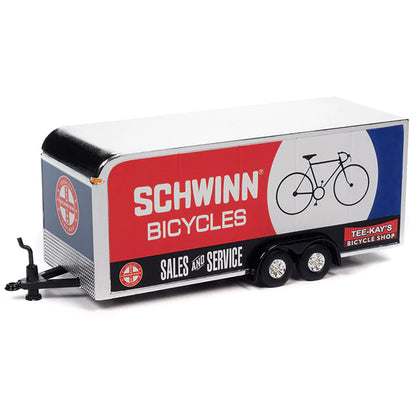 1965 Dodge A-100 Pickup Truck Blue Metallic and White with Enclosed Car Trailer "Schwinn Bicycles" "Tow & Go" Series Limited Edition to 3600 pieces Worldwide 1/64 Diecast Model Car by Johnny Lightning