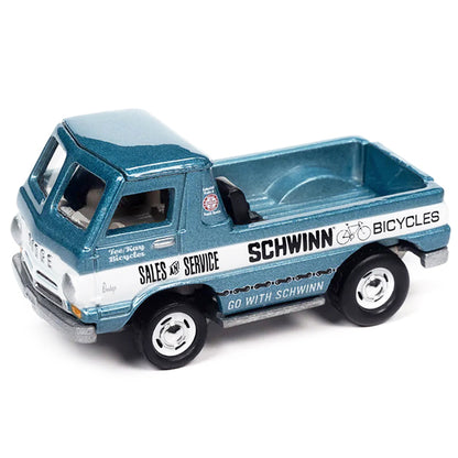 1965 Dodge A-100 Pickup Truck Blue Metallic and White with Enclosed Car Trailer "Schwinn Bicycles" "Tow & Go" Series Limited Edition to 3600 pieces Worldwide 1/64 Diecast Model Car by Johnny Lightning