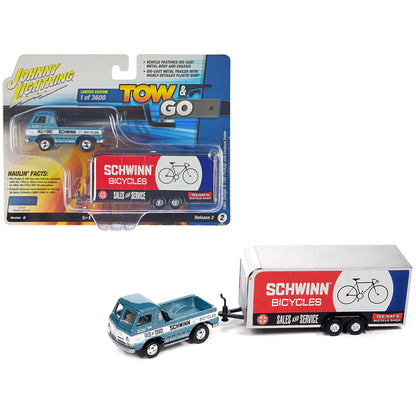 1965 Dodge A-100 Pickup Truck Blue Metallic and White with Enclosed Car Trailer "Schwinn Bicycles" "Tow & Go" Series Limited Edition to 3600 pieces Worldwide 1/64 Diecast Model Car by Johnny Lightning