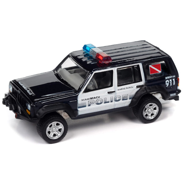 Jeep Cherokee XJ Black and White "Miami Beach Police" with Boat and Trailer "Tow & Go" Series Limited Edition to 3504 pieces Worldwide 1/64 Diecast Model Car by Johnny Lightning