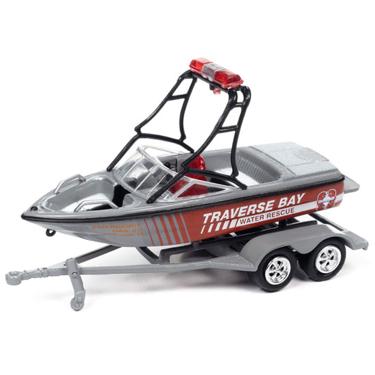 Jeep Cherokee XJ Red and Gray "Traverse Bay Water Rescue" with Boat and Trailer "Tow & Go" Series Limited Edition to 3528 pieces Worldwide 1/64 Diecast Model Car by Johnny Lightning