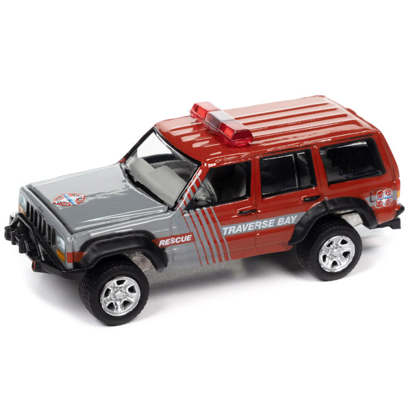 Jeep Cherokee XJ Red and Gray "Traverse Bay Water Rescue" with Boat and Trailer "Tow & Go" Series Limited Edition to 3528 pieces Worldwide 1/64 Diecast Model Car by Johnny Lightning